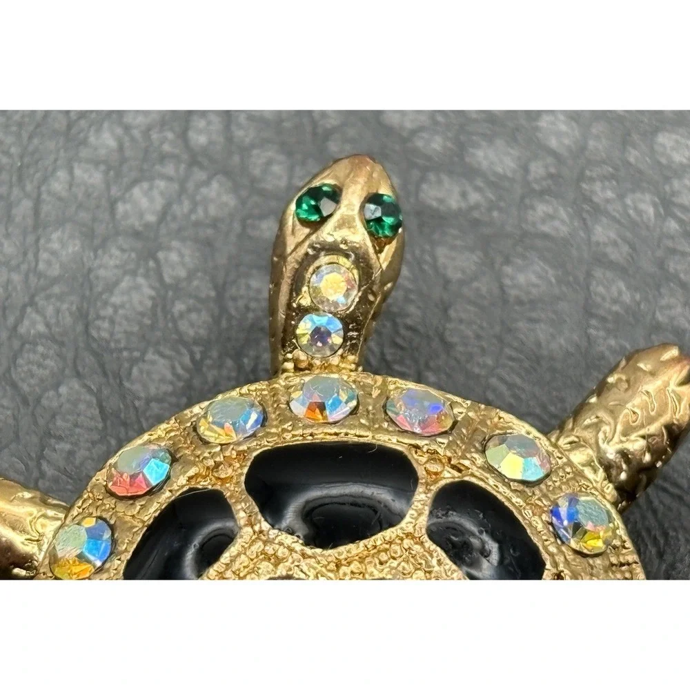 Rhinestone Turtle Pendant Brooch Black AB Aurora Borealis Crystal Gold Tone